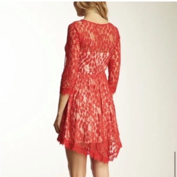 FREE PEOPLE Floral Leaf Mesh Lace Dress Red Size 6 - Picture 2 of 11